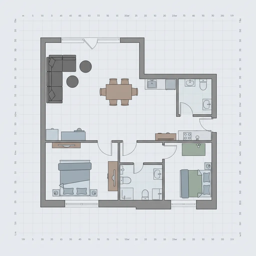 2D floor plan showing furniture placement and room measurements