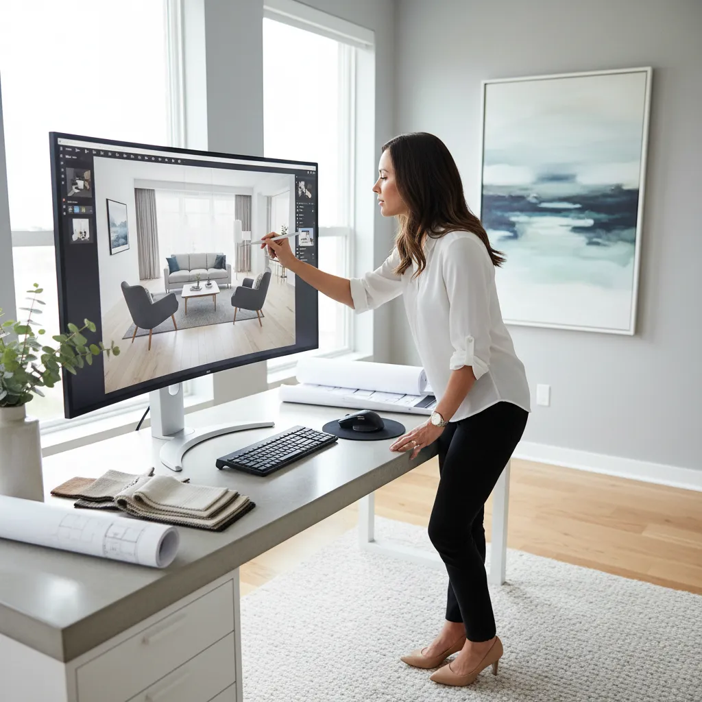 Interior designer adjusting furniture layout on a digital room planning screen