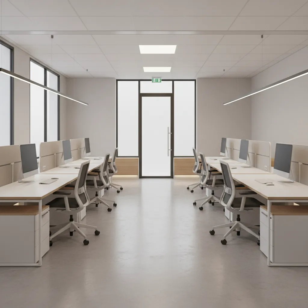 Optimized furniture layout leaving a clear central escape path