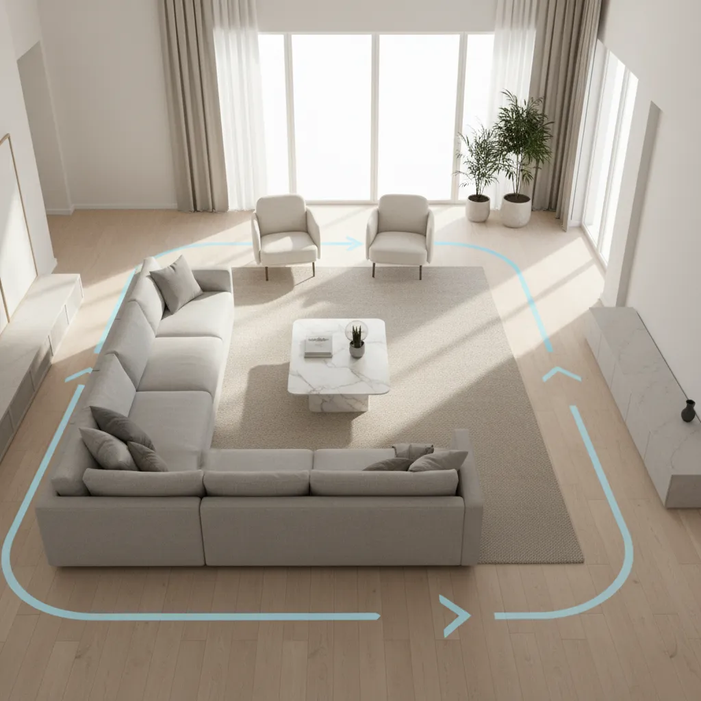 living room layout comparison showing optimized furniture spacing for circulation