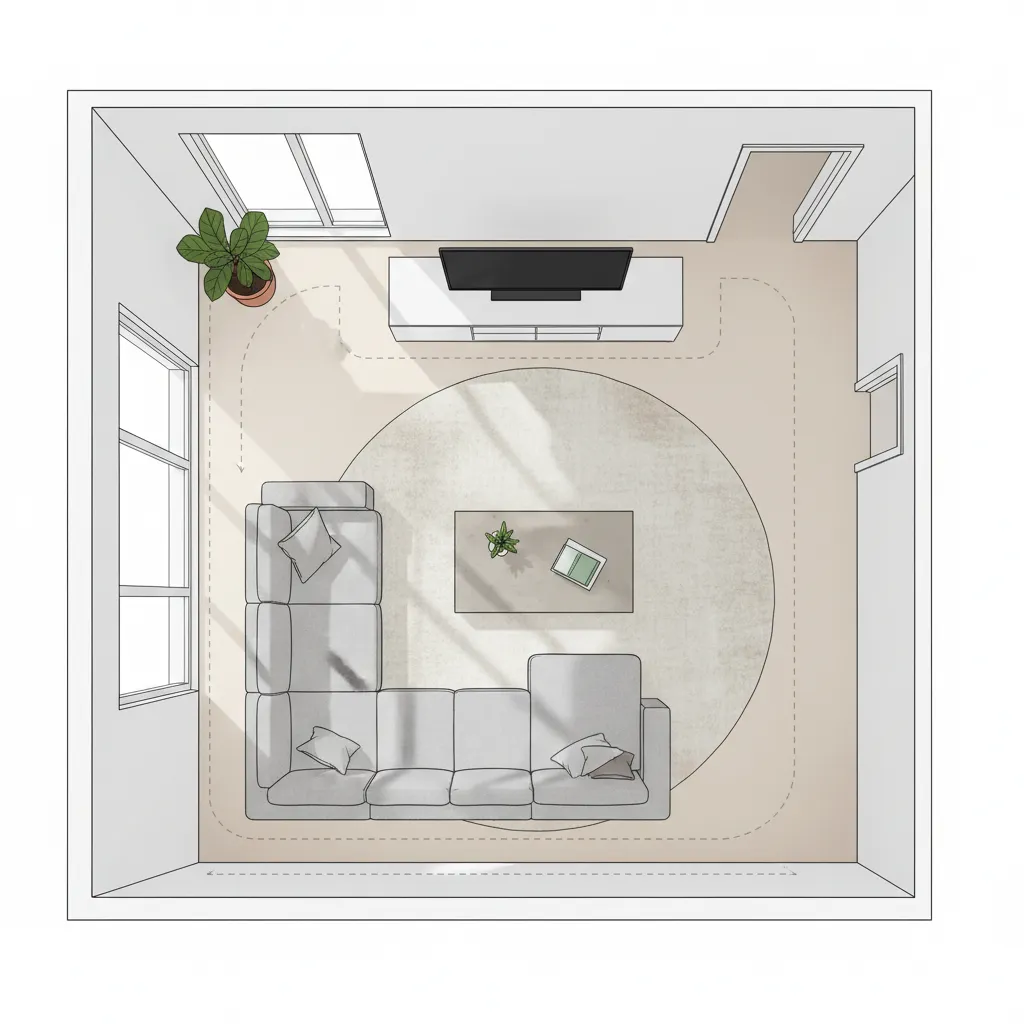 living room layout planning with sofa table and circulation space highlighted