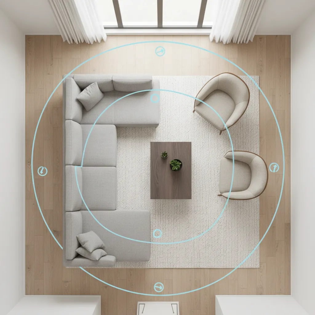 Furniture layout planning in living room floor plan with spacing guidelines
