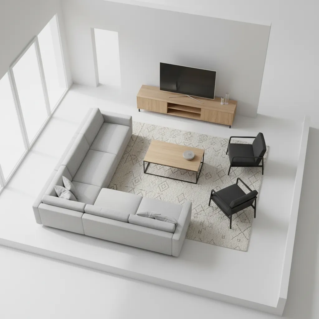 Living room furniture layout planning inside a digital 5D floor plan environment