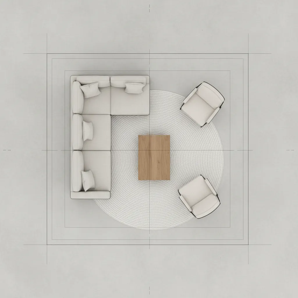 Living room layout diagram showing recommended spacing between furniture pieces