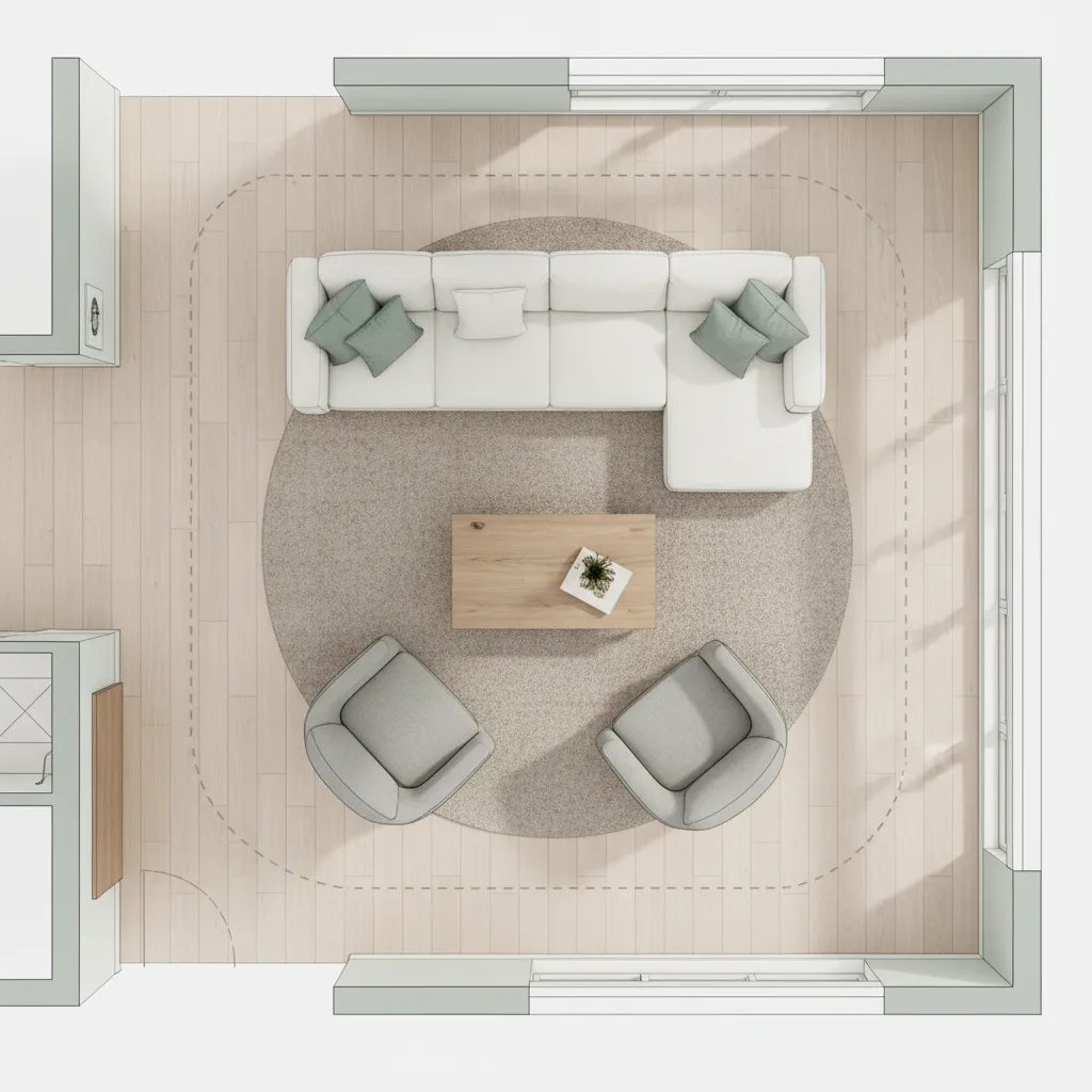Living room floor plan showing correct furniture spacing and walking paths