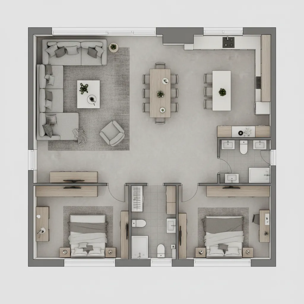 Plano de casa con disposición de muebles para probar espacio real