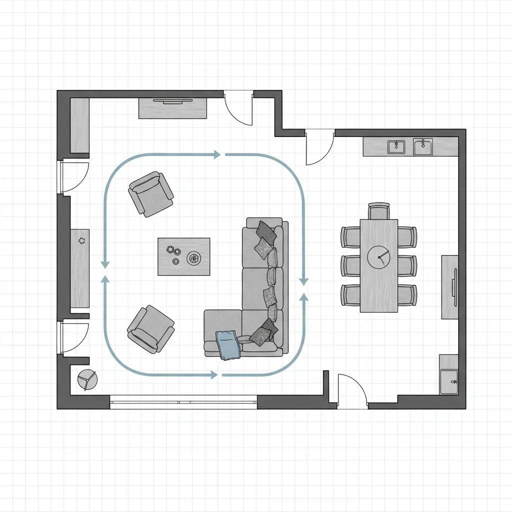 floor plan showing furniture placement and walking paths