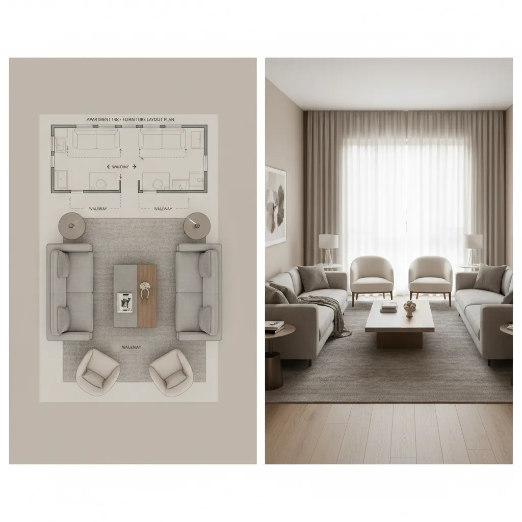 Comparison showing furniture arrangement tested using a scale floor plan creator before purchase