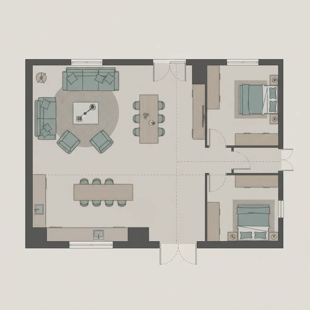 digital floor plan with furniture placement showing sofa dining table and circulation space