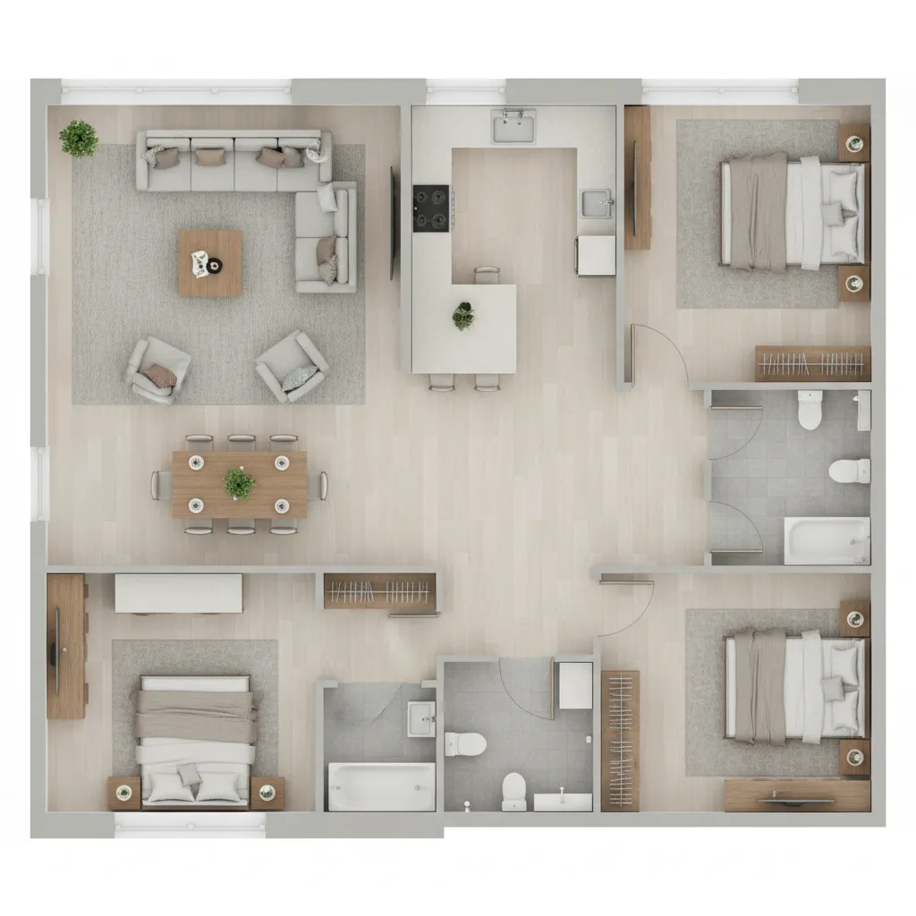 Interior floor plan with furniture placement showing sofa table and circulation space