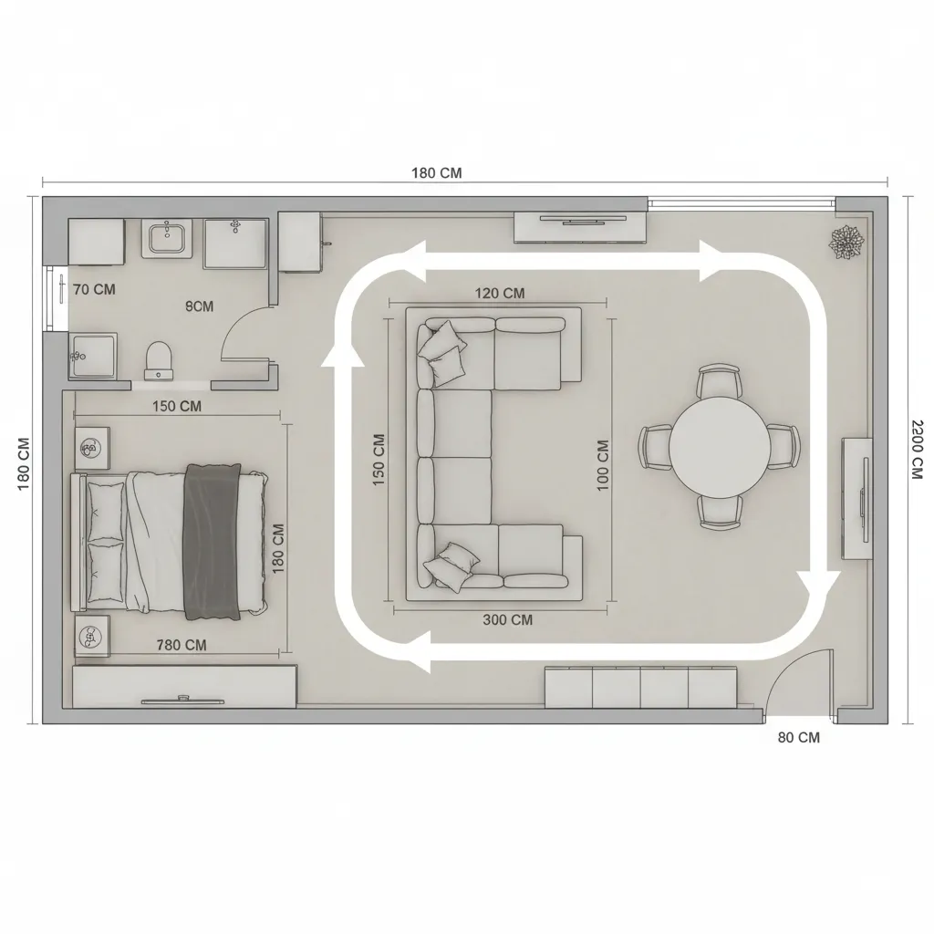 Room layout diagram highlighting walking clearance around furniture
