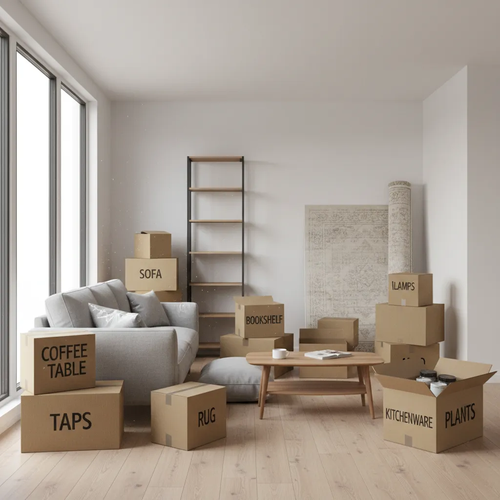 living room filled with delivered furniture boxes and packaged items