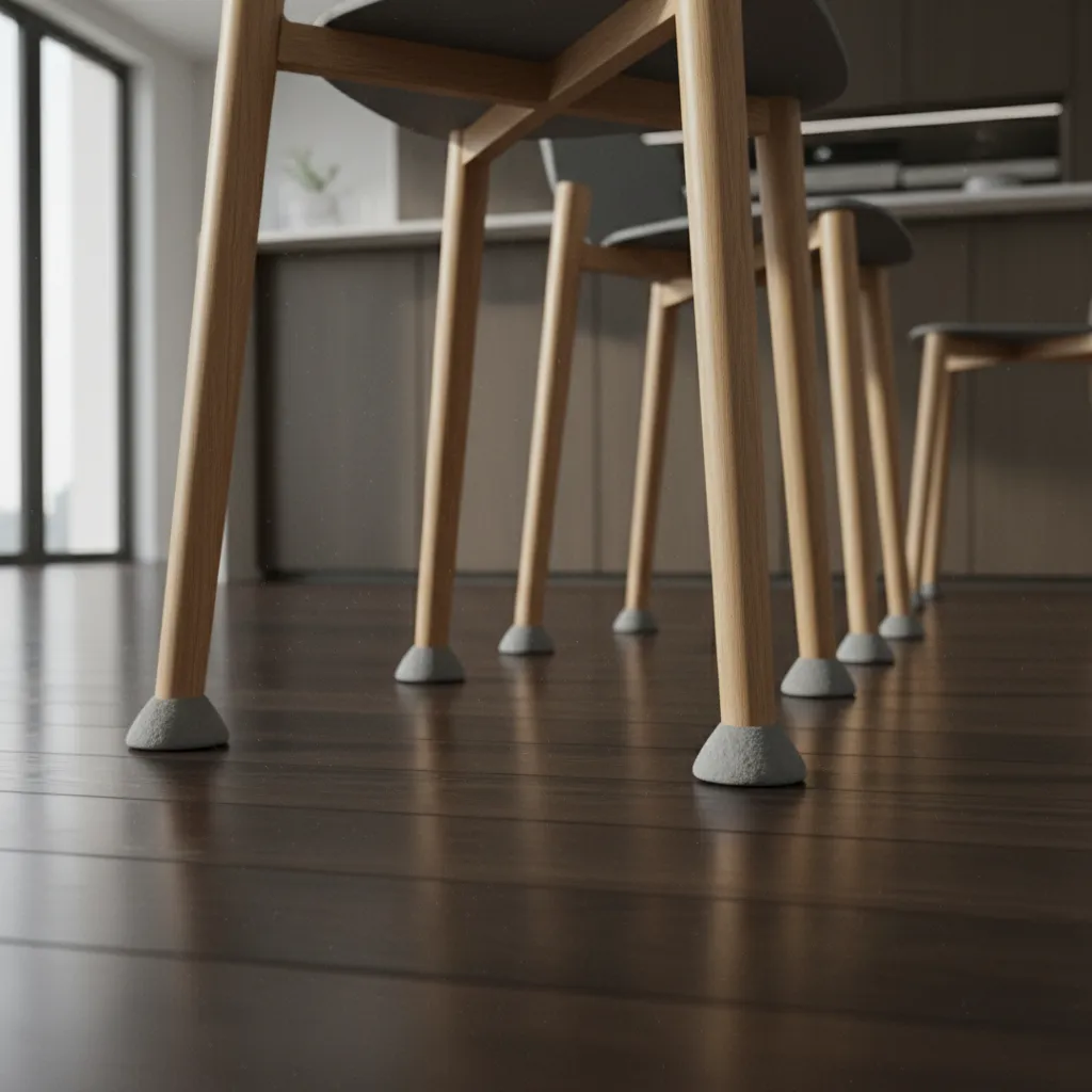 Chair legs with felt pads protecting dark hardwood kitchen floor