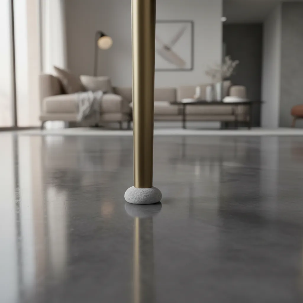 Chair leg with felt pad protecting glossy epoxy floor