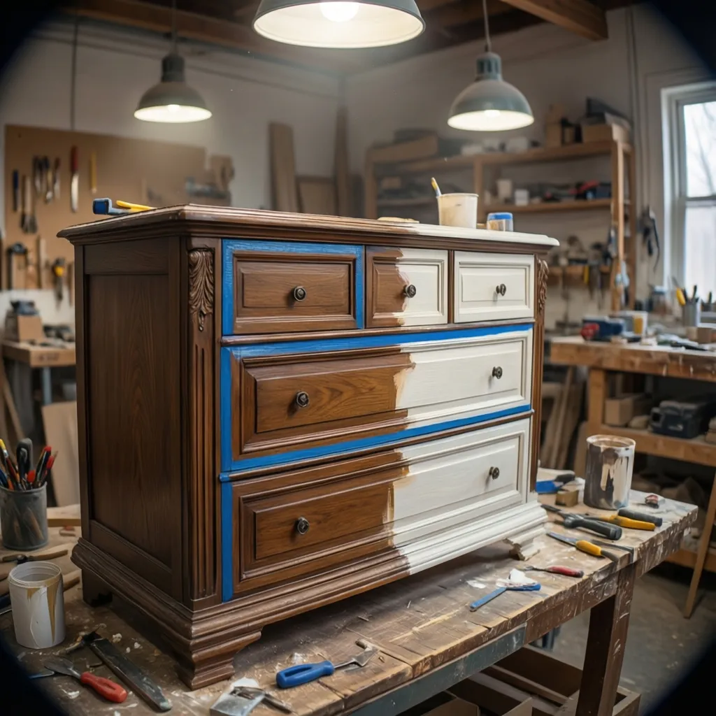 Furniture painting process showing masking tape for two-tone finish