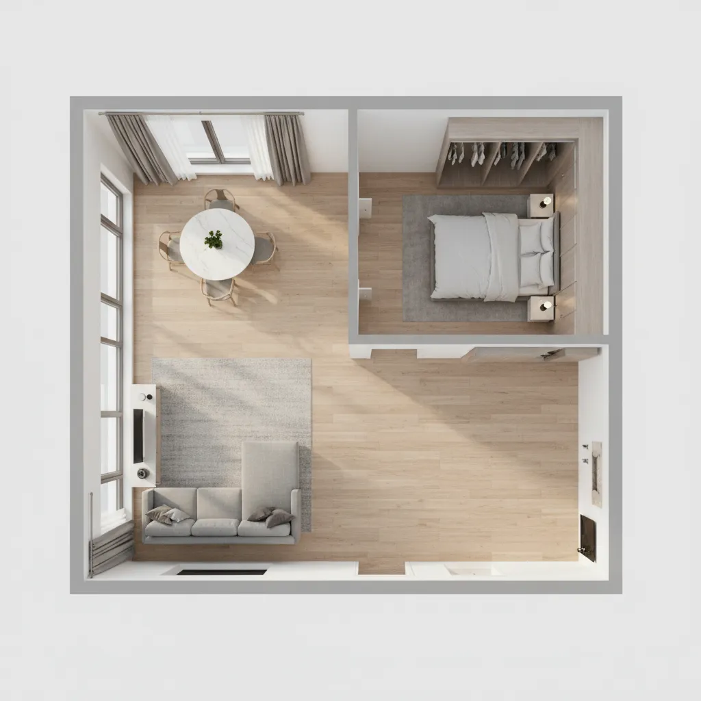 3d floor plan showing furniture placement and interior layout
