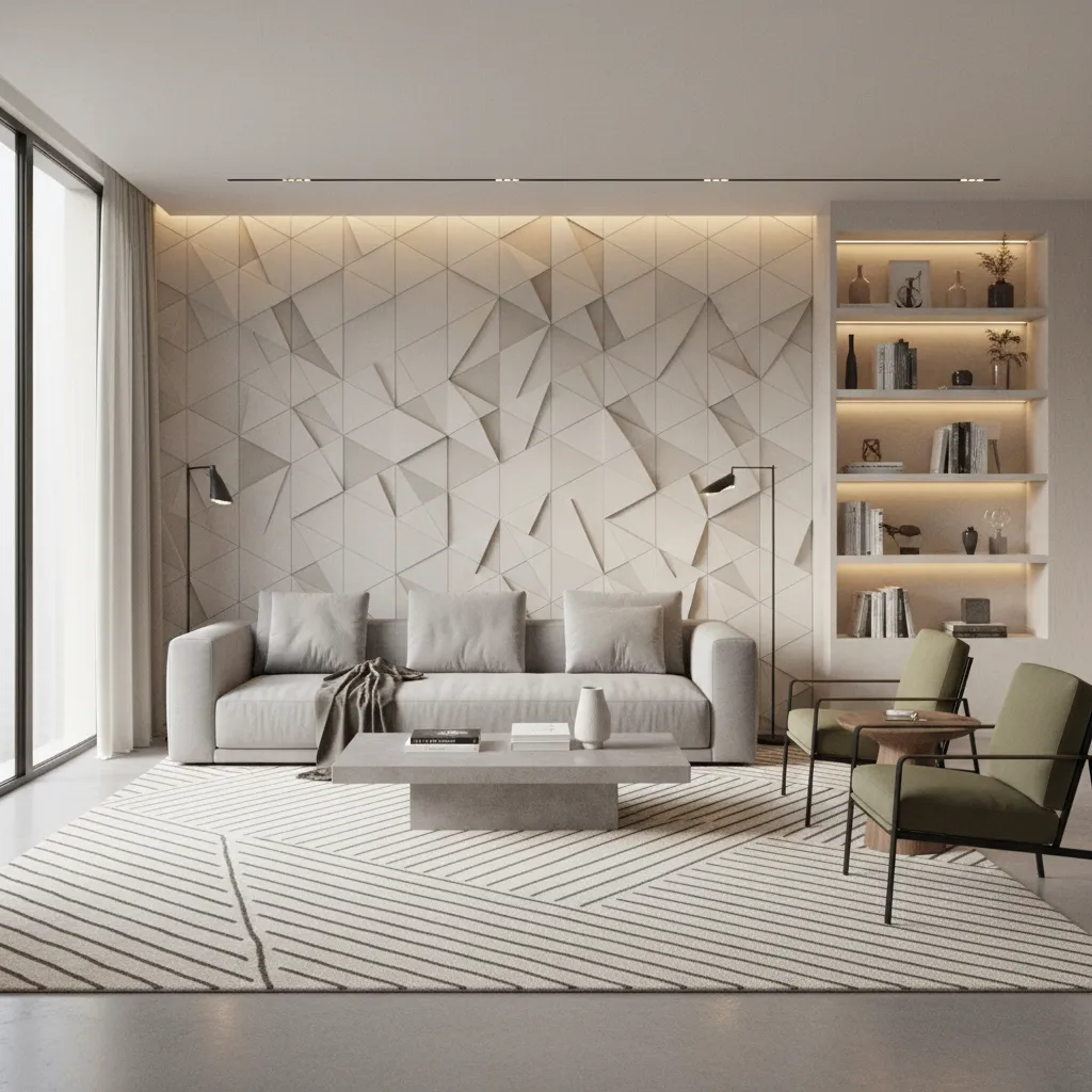 Living room layout showing sofa positioned away from textured wallpaper accent wall