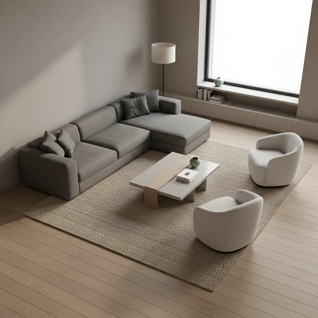 3D room design showing adjusted furniture spacing and walking clearance