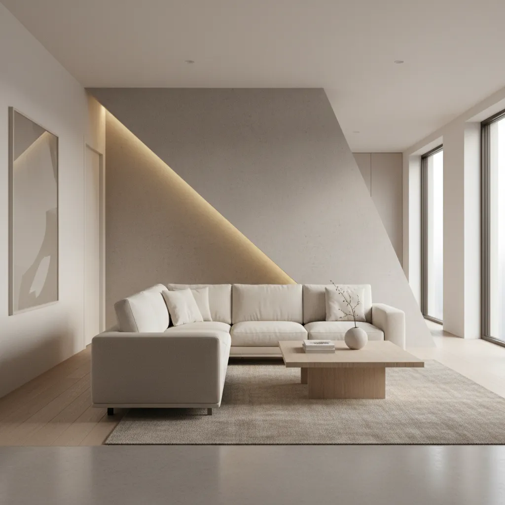 Furniture placed awkwardly against an angled wall in a living room