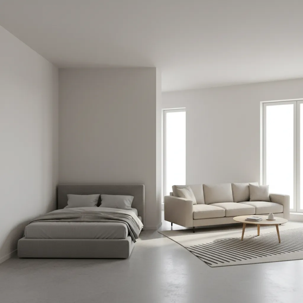 Minimalist studio apartment interior design with grey bed beige sofa coffee table and natural light