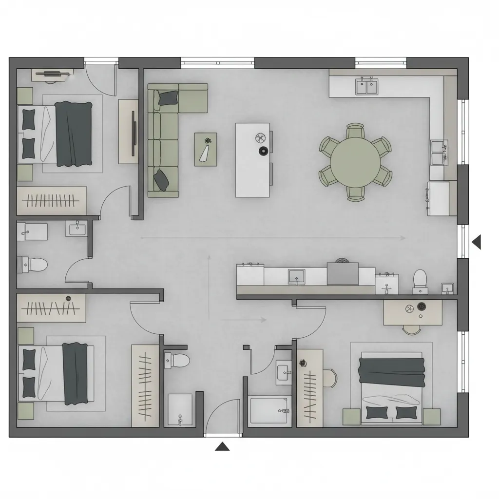 2D floor plan with furniture layout and circulation paths