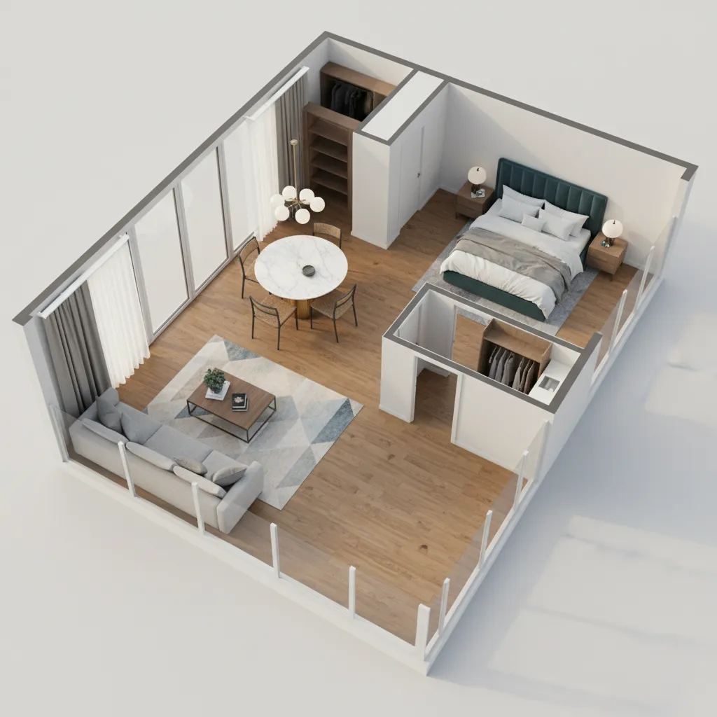 3D visualization of furniture placement within a digital floor plan layout