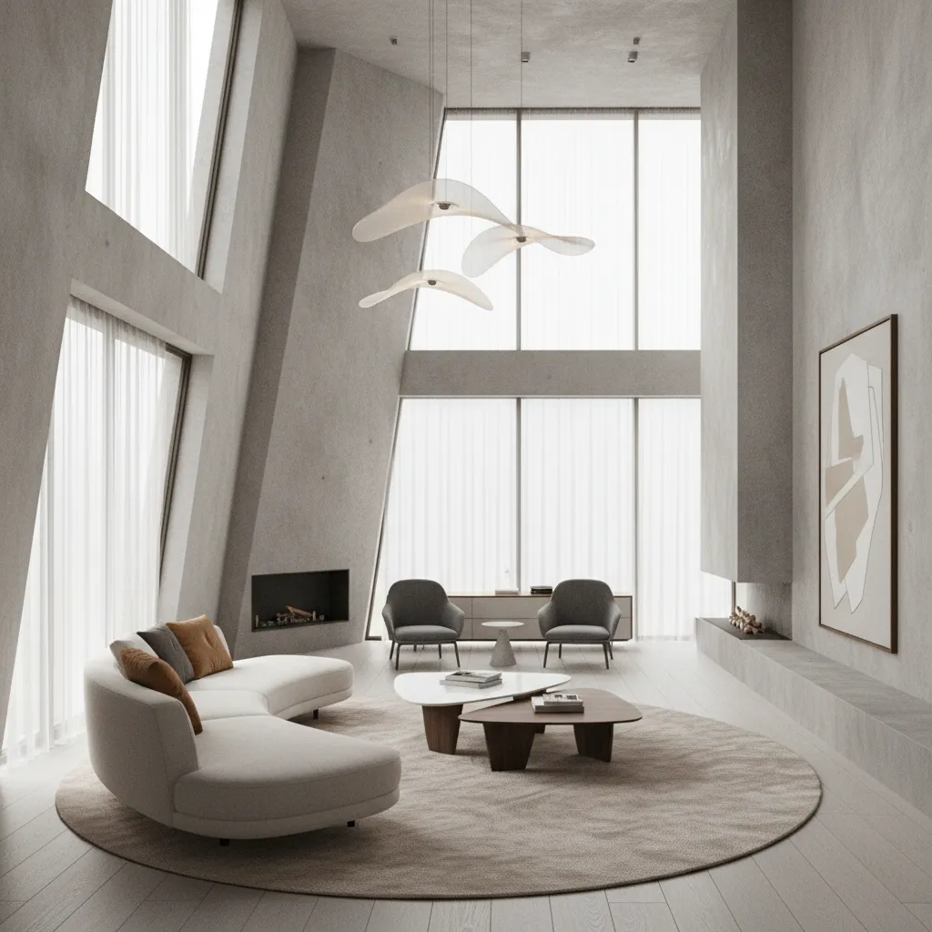 sofa and furniture arranged to follow circulation paths in an irregular room