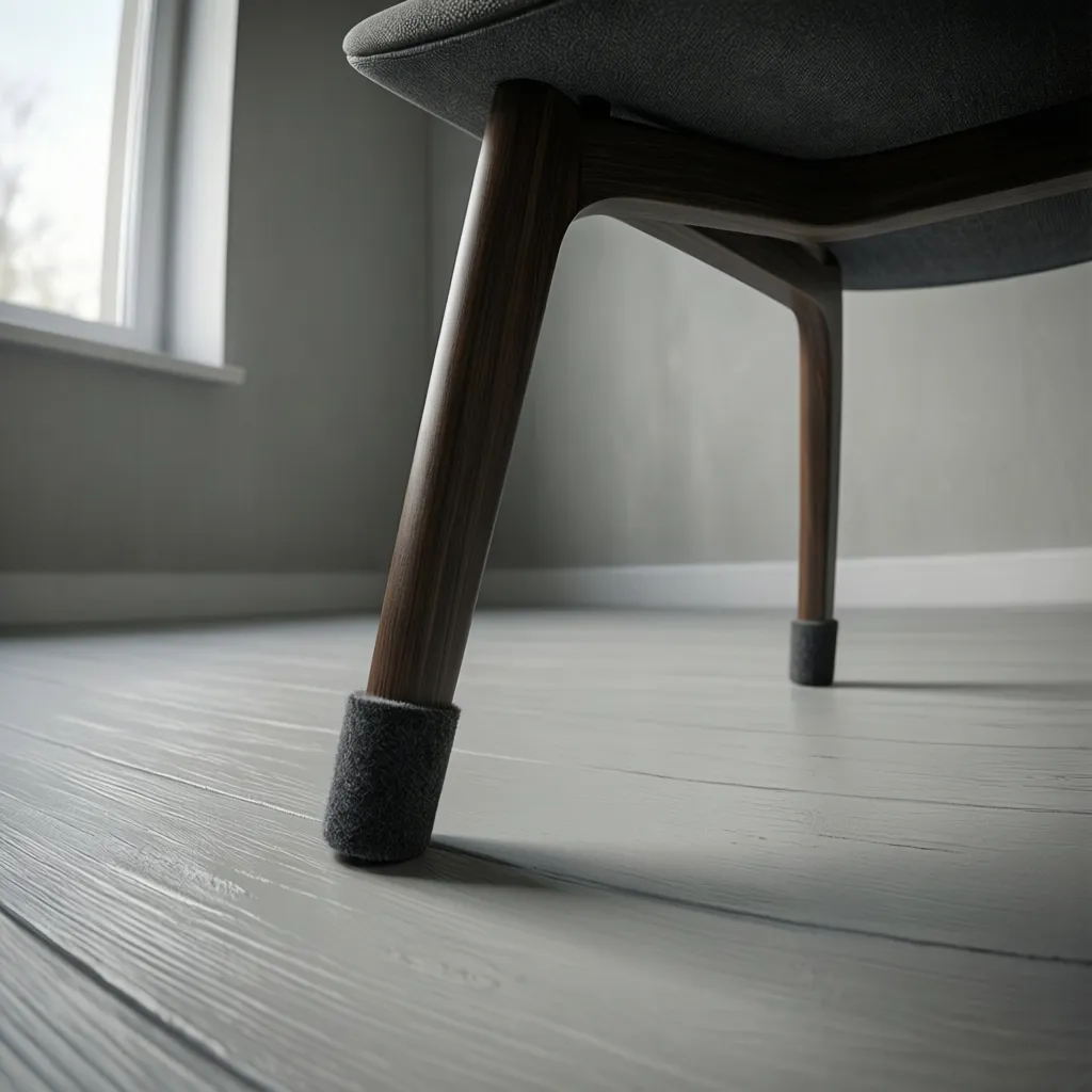 Chair legs with felt pads resting on freshly painted floor surface