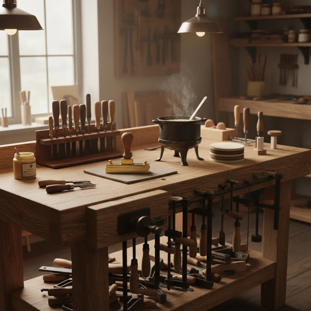 specialized antique furniture restoration tools arranged on woodworking bench