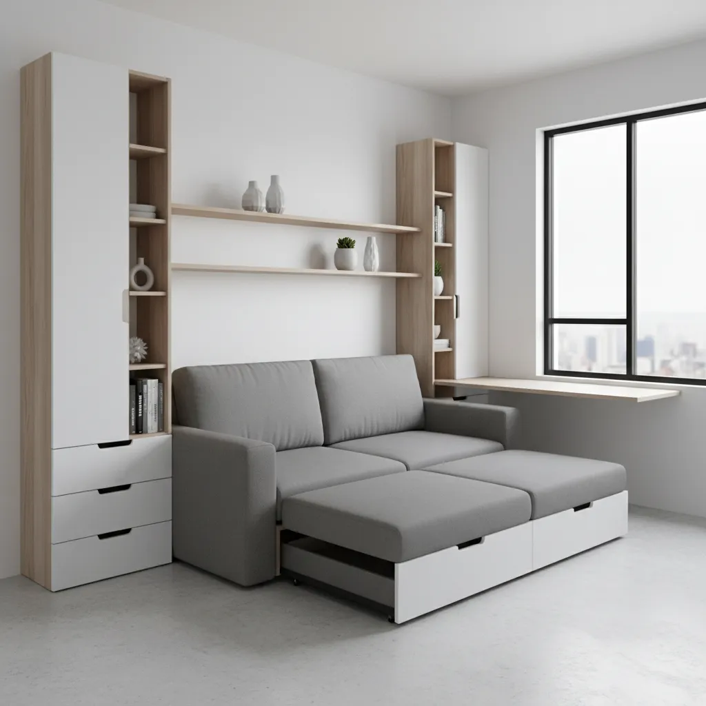 Grey sofa bed with storage drawers integrated into white wall cabinets and wooden wall shelves