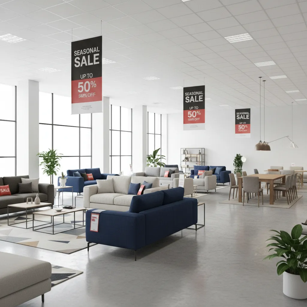 Stylish furniture showroom with seasonal sale displays and sofas