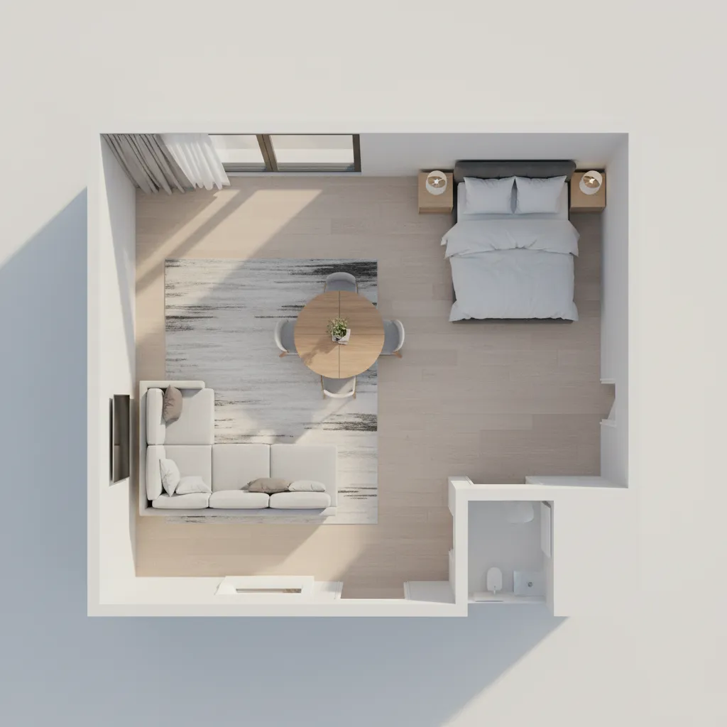 3D floor plan render showing correct furniture scale in living room and dining space