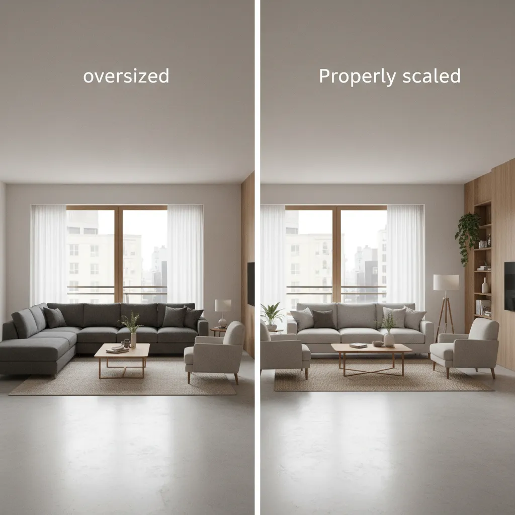 Comparación de tamaños de muebles en una sala de estar para mostrar proporciones correctas