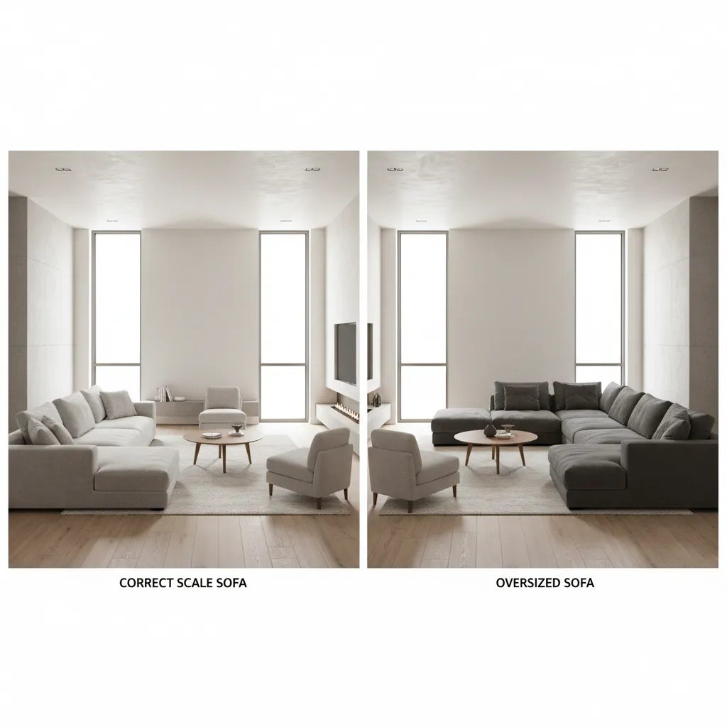 comparison of correctly scaled sofa and oversized sofa in digital room layout app