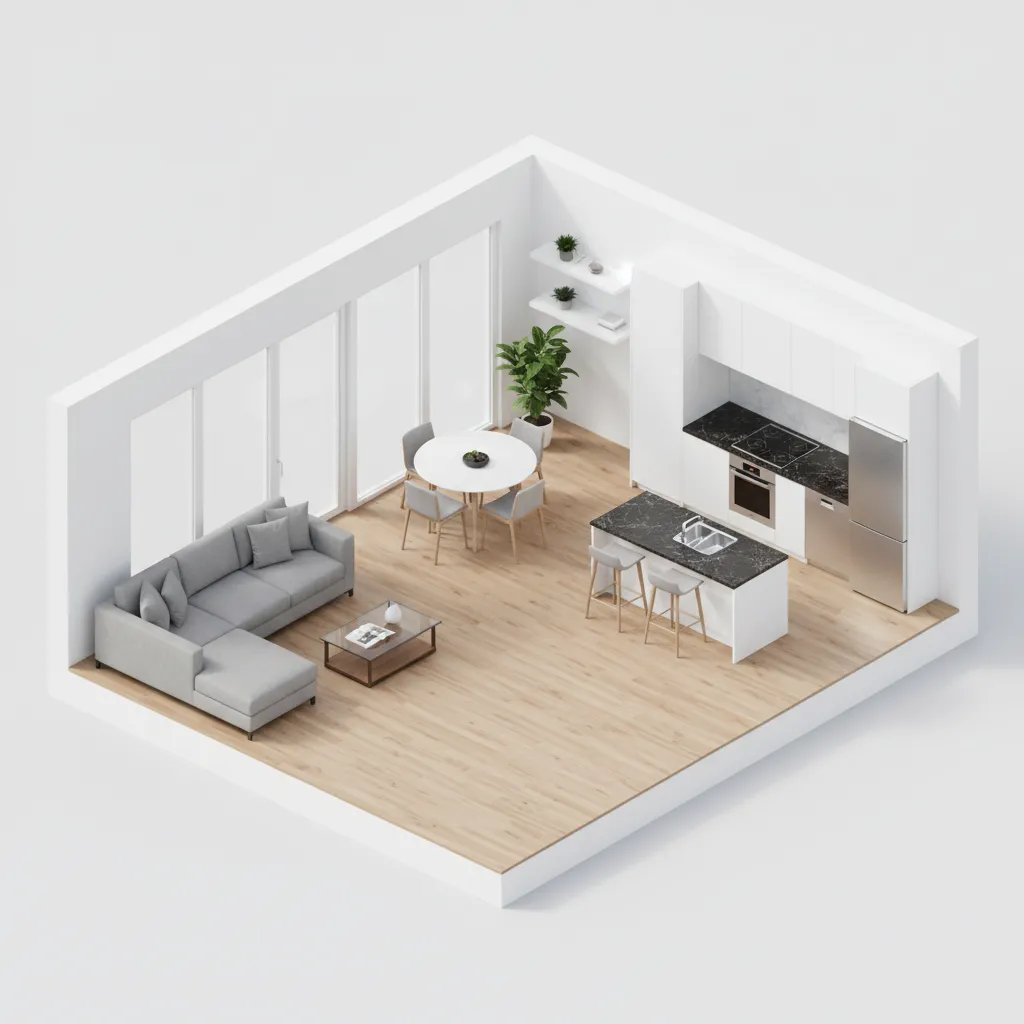 isometric floor plan showing correctly scaled furniture and room proportions