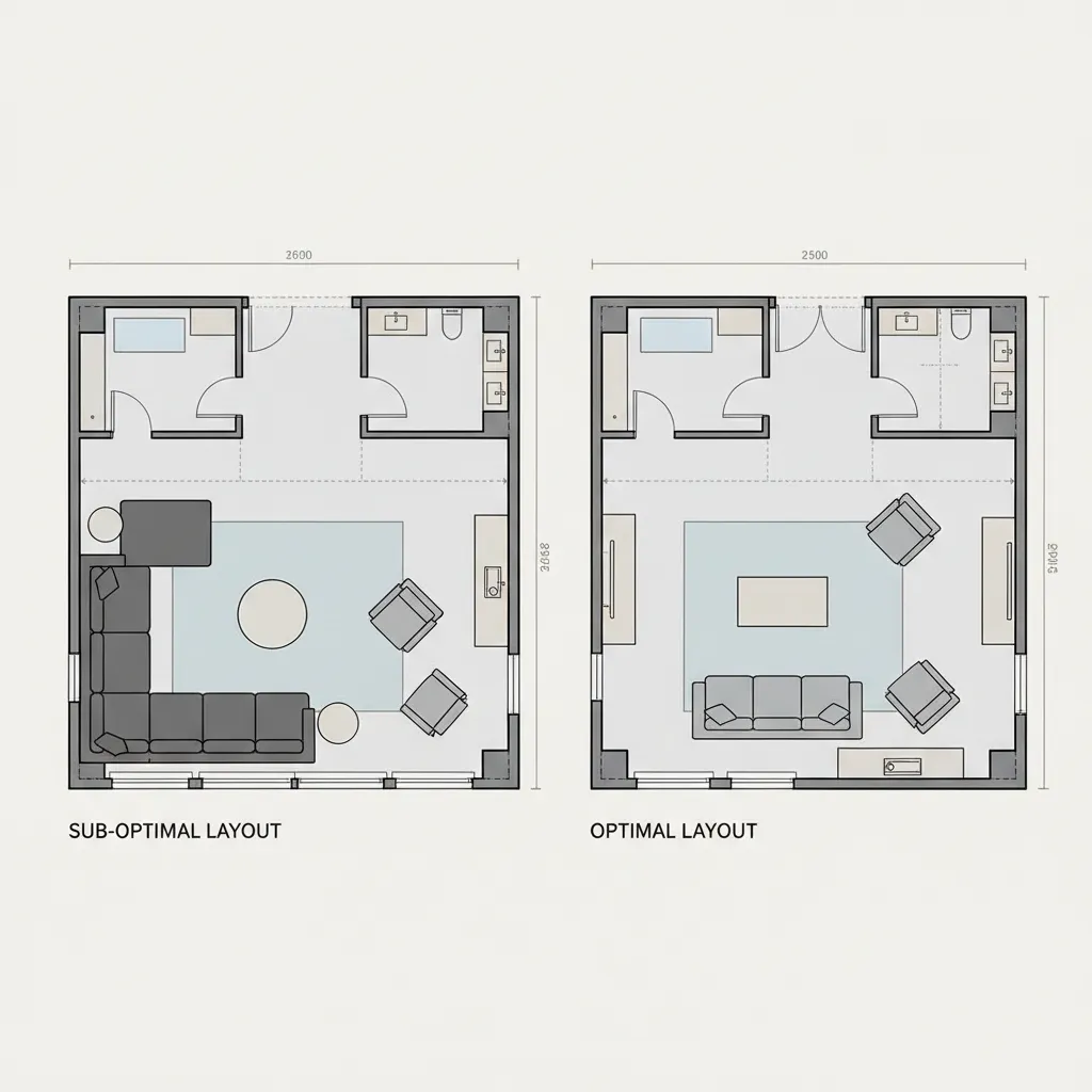 Comparison of correct and incorrect furniture scale in a floor plan layout