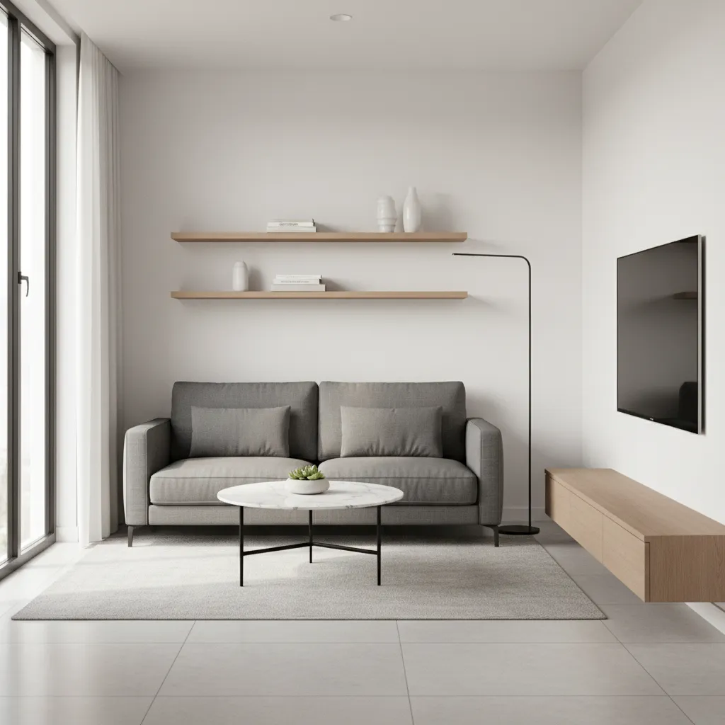 Minimalist living room with grey sofa, marble coffee table, wooden shelves, and black floor lamp
