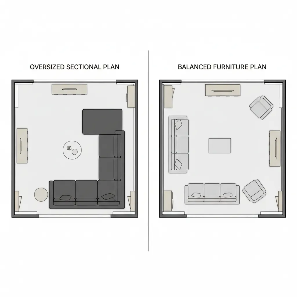 comparison of oversized furniture vs balanced furniture layout in a 2D room plan