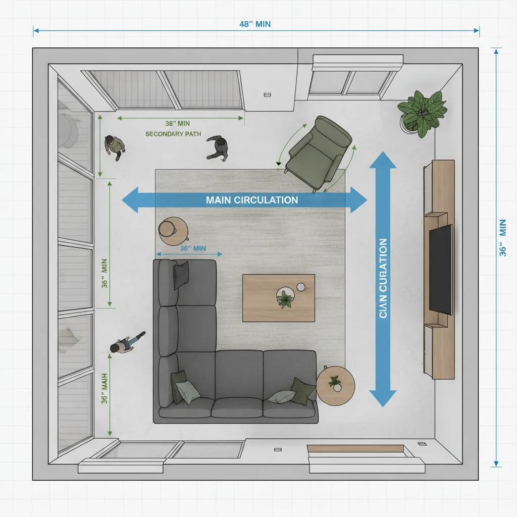 Interior layout showing furniture scale and walking space measurements