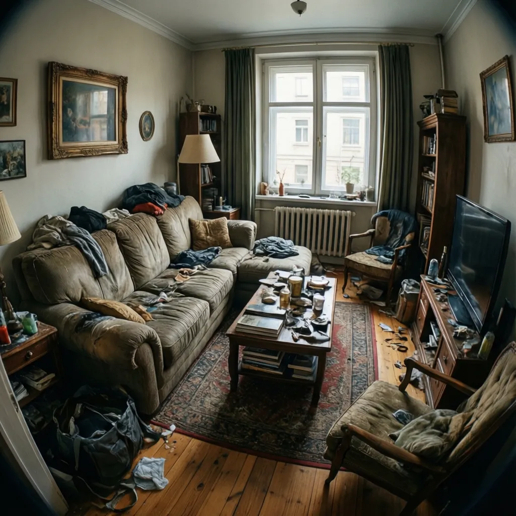 Messy cluttered living room with old sofa covered in clothes and items on coffee table
