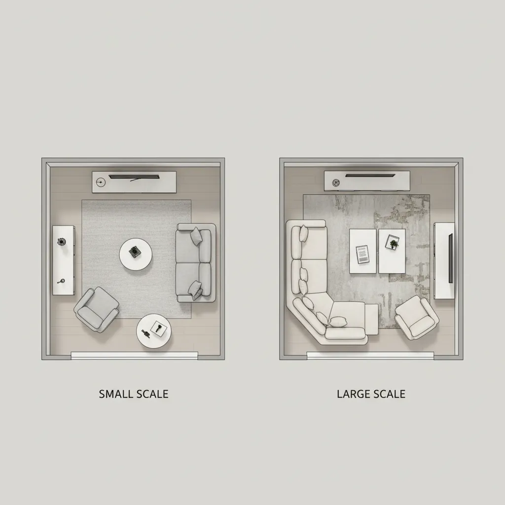 Comparación de muebles en diferentes tamaños dentro de un plano digital