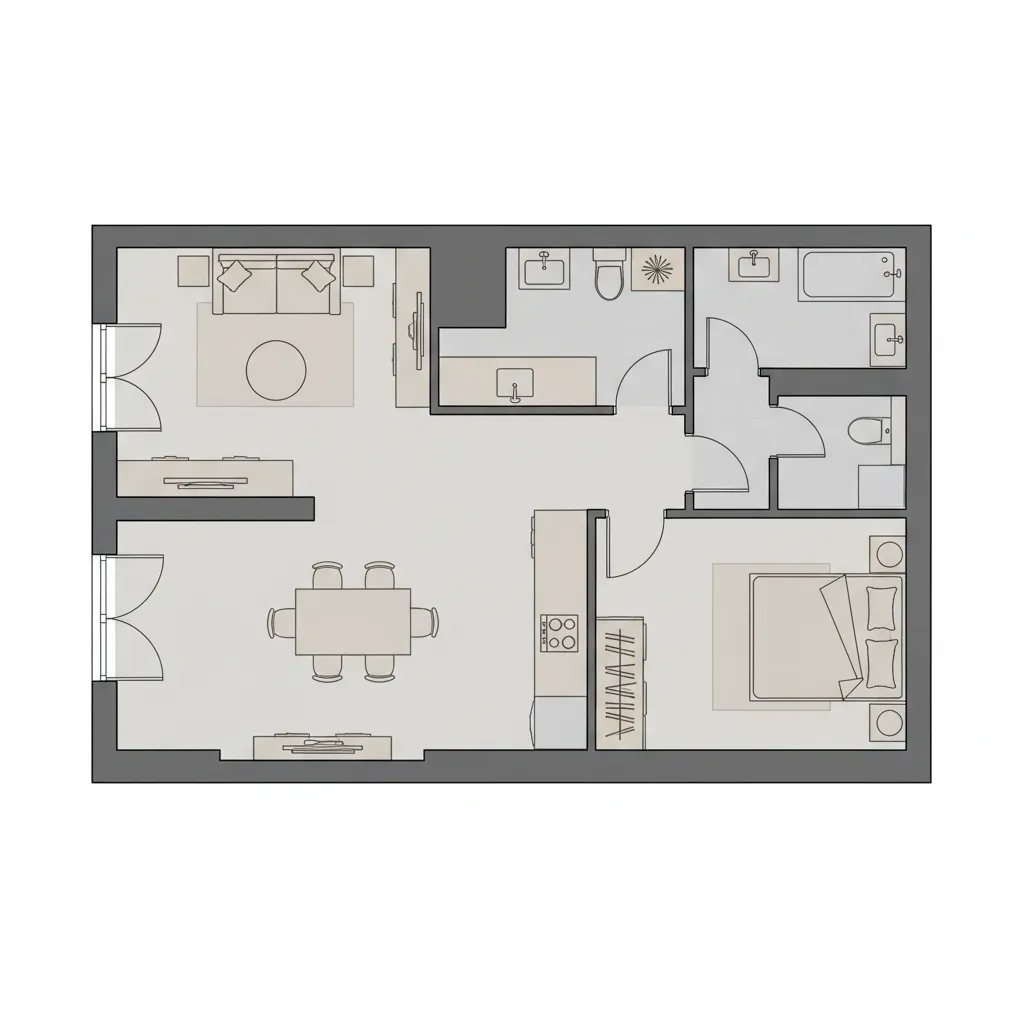 Interior floor plan with scaled furniture blocks demonstrating layout planning