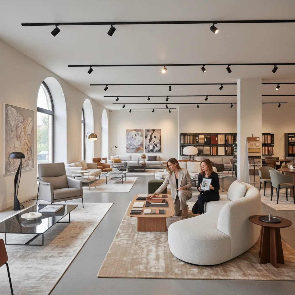 interior decorator selecting furniture in modern showroom