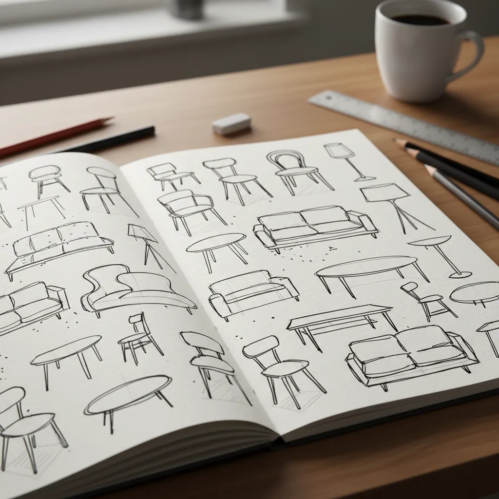 Página de cuaderno con múltiples bocetos rápidos de muebles