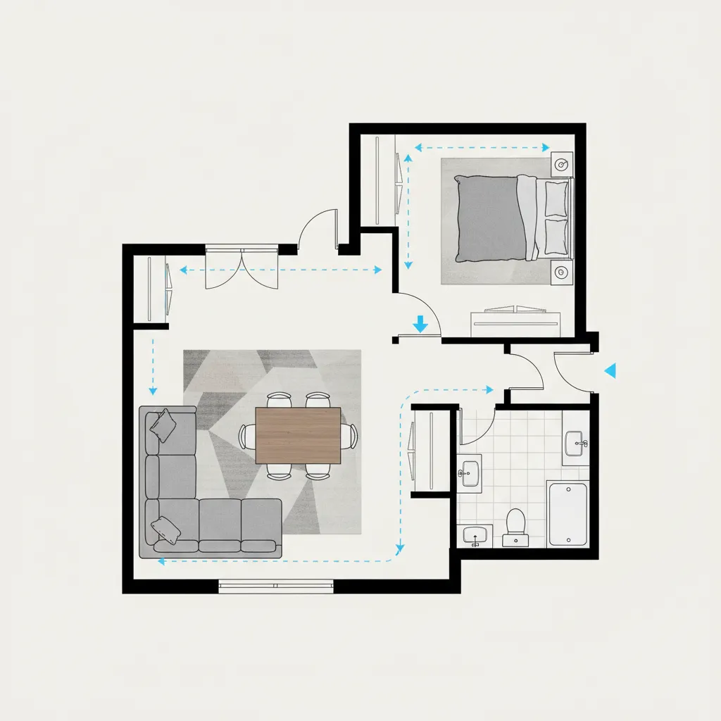 floor plan showing furniture spacing and circulation paths