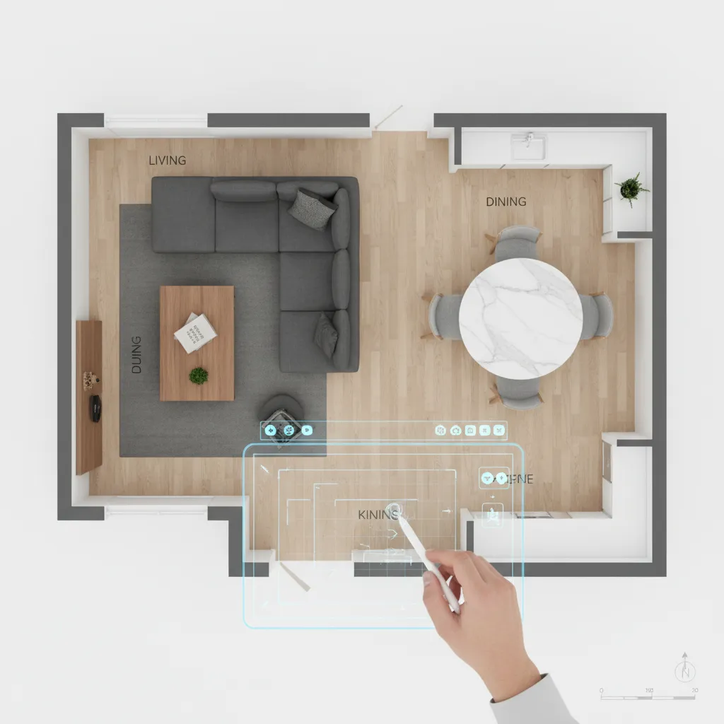 interior designer adjusting furniture spacing on digital floor plan