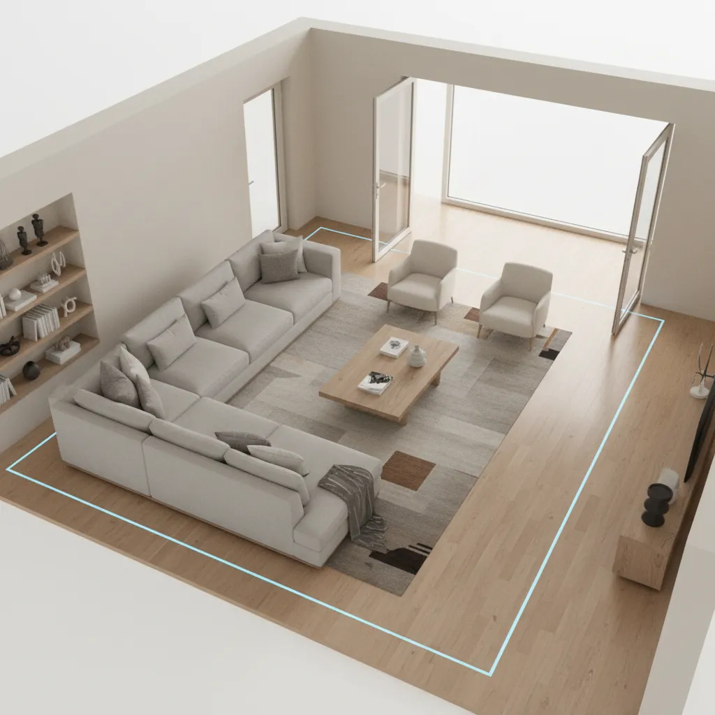3D floor plan showing proper furniture spacing and circulation paths