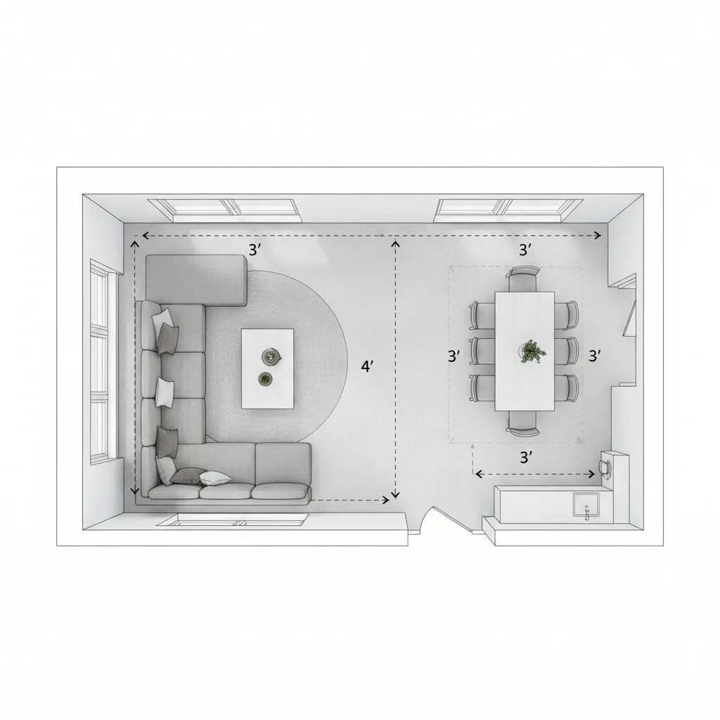 digital floor plan showing furniture spacing and walking clearance