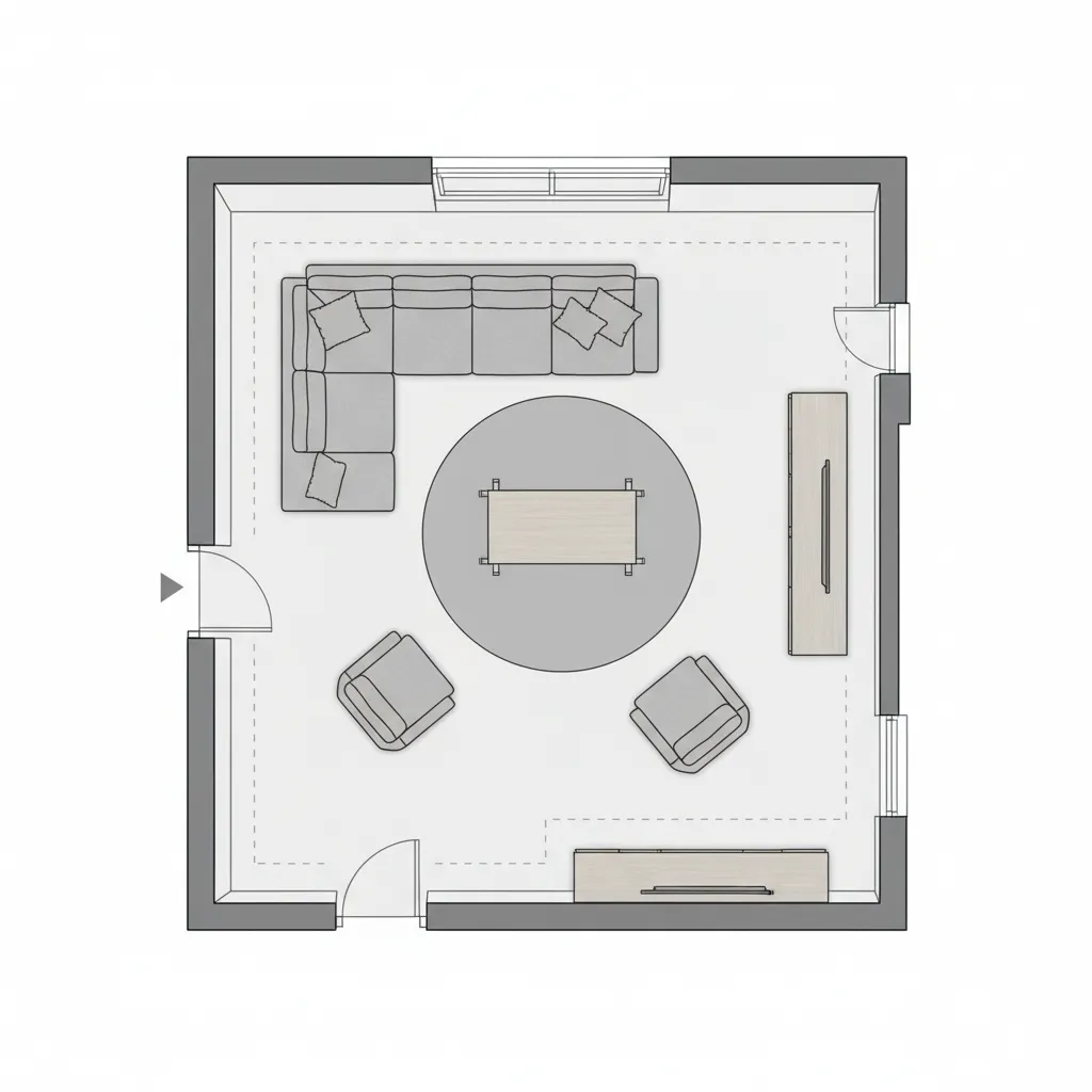 Example floor plan showing realistic furniture spacing in a living room layout
