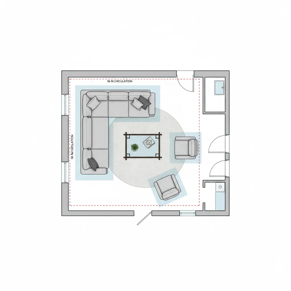 floor plan diagram showing furniture spacing and walking clearance